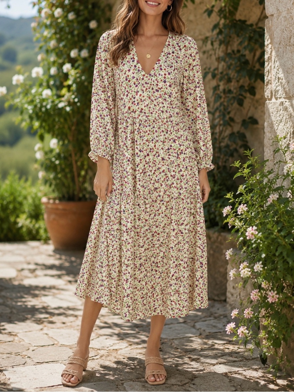 Faithfull the Brand Bastille Les Fleurs Ditsy Floral Tiered Midi Dress Size S